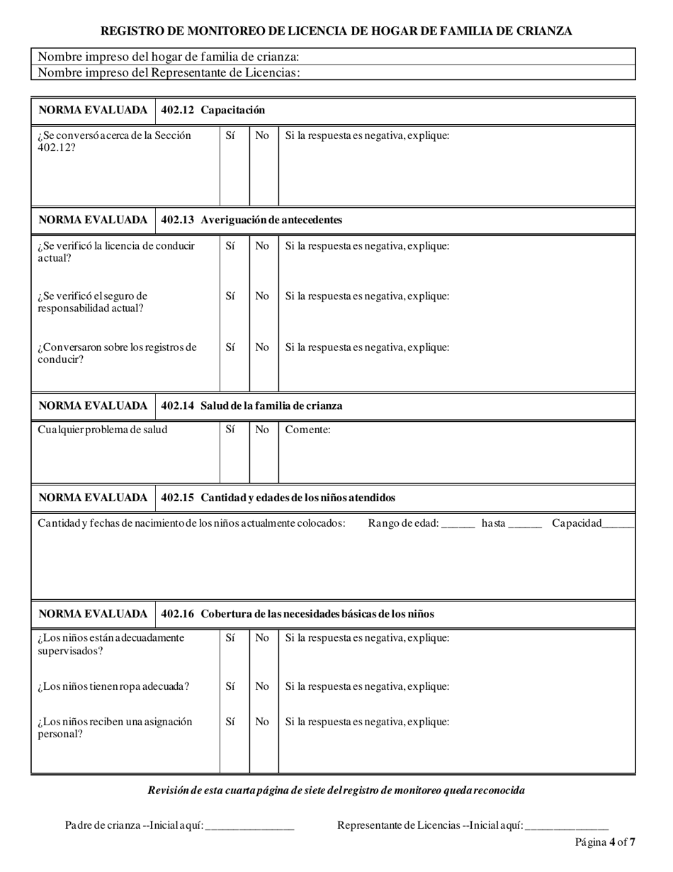 Formulario CFS597-FFH / S Registro De Monitoreo De Licencia De Hogar De Familia De Crianza - Illinois (Spanish), Page 4