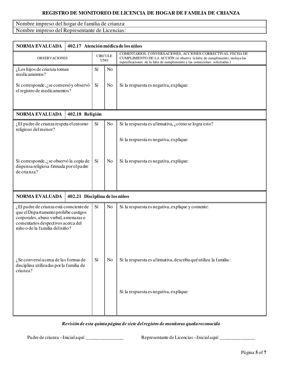 Formulario CFS597-FFH / S Registro De Monitoreo De Licencia De Hogar De Familia De Crianza - Illinois (Spanish), Page 5