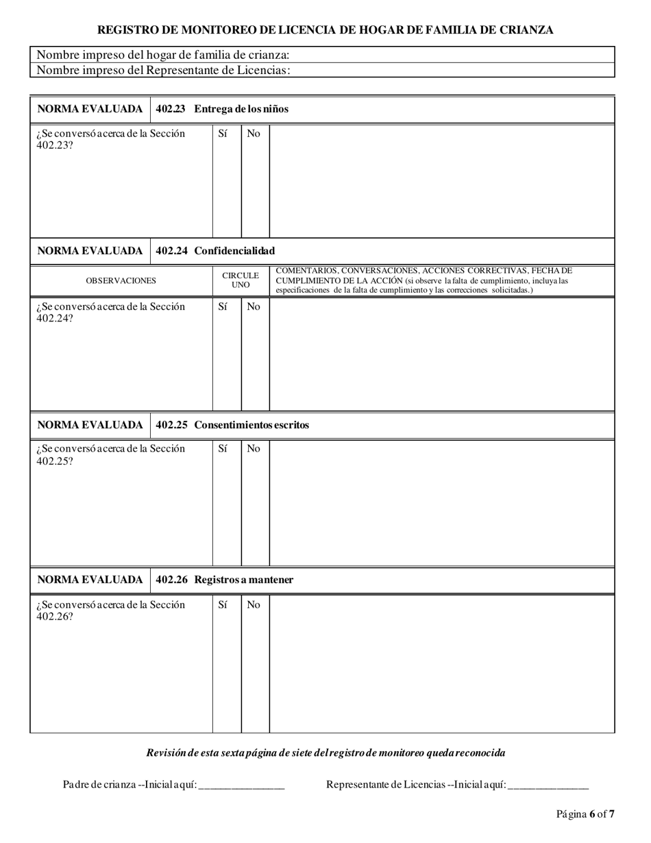 Formulario CFS597-FFH / S Registro De Monitoreo De Licencia De Hogar De Familia De Crianza - Illinois (Spanish), Page 6