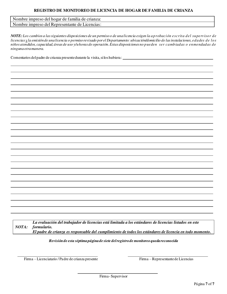 Formulario CFS597-FFH / S Registro De Monitoreo De Licencia De Hogar De Familia De Crianza - Illinois (Spanish), Page 7