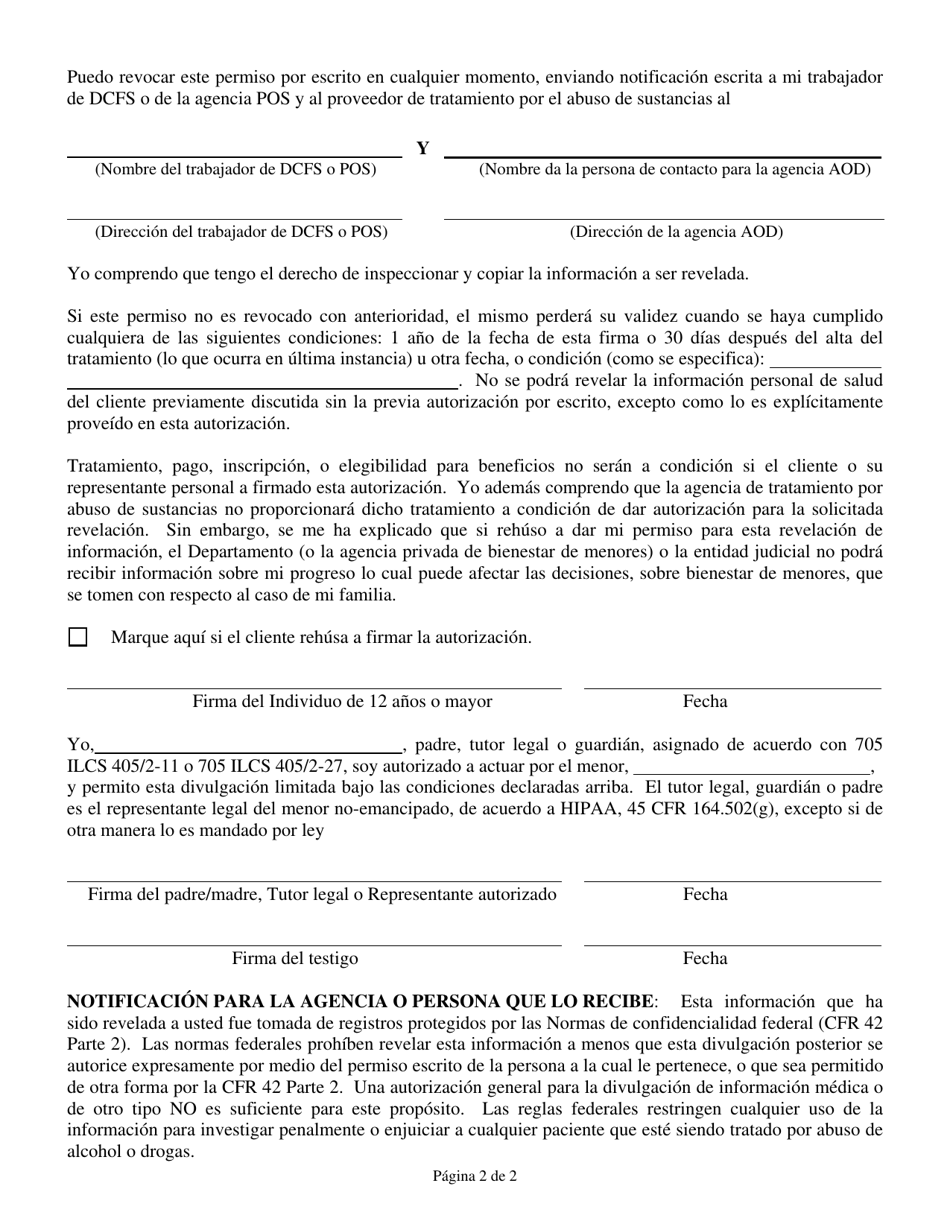 Formulario CFS440-7 / S Autorizacion Para Revelar Informacion - Evaluacion Y / O Tratamiento Por Abuso De Sustancias - Illinois (Spanish), Page 2