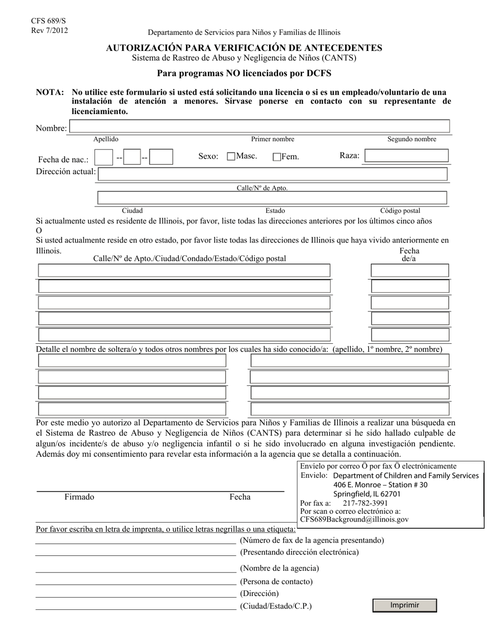 Formulario CFS689/S Autorizacion Para Verificacion De Antecedentes Para Programas No Licenciados Por Dcfs - Illinois (Spanish), Page 1