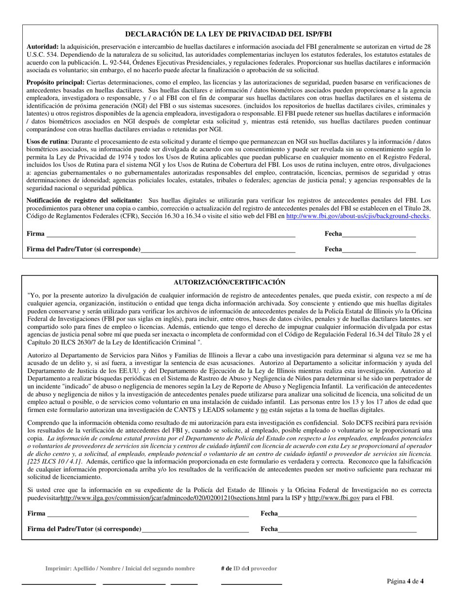 Formulario CFS718-B / S Autorizacion Para Verificacion De Antecedentes Para Cuidados De Menores De Edad - Illinois (Spanish), Page 4