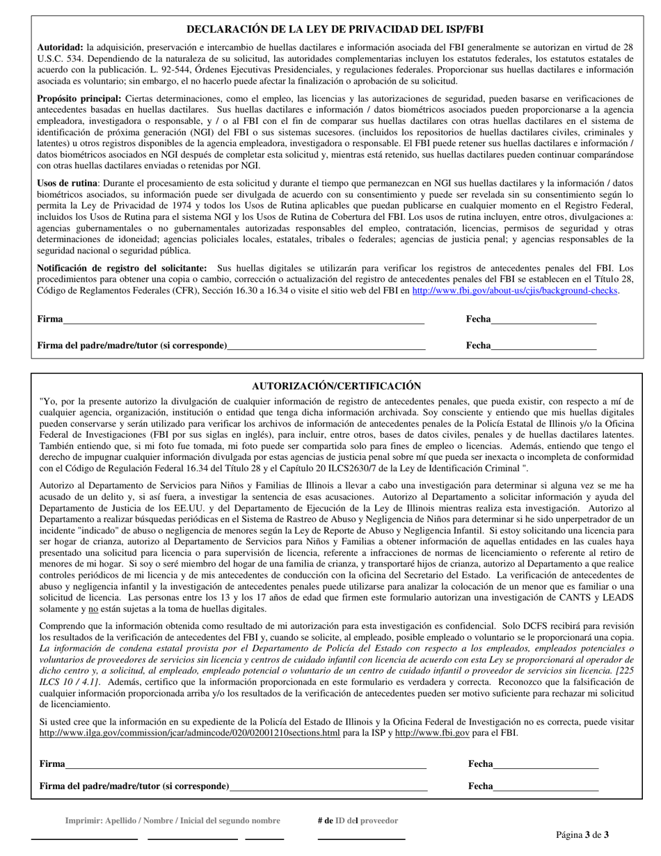 Formulario CFS718-A / S Autorizacion Para Verificacion De Antecedentes Para Cuidados De Crianza Y Adopcion - Illinois (Spanish), Page 3