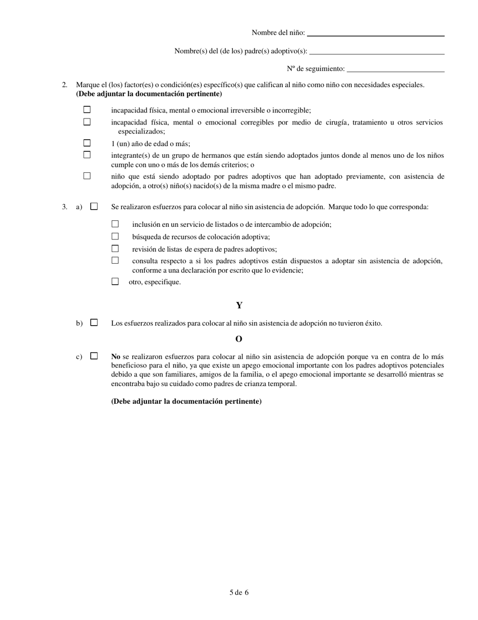 Formulario CFS1800 A-1 / S Calificacion Para Asistencia De Adopcion Para Ninos Que No Estan Bajo La Responsabilidad Legal Del Departamento De Servicios Para Ninos Y Familias De Illinois - Illinois (Spanish), Page 5