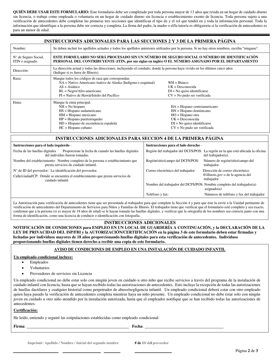 Formulario CFS718-D / S Autorizacion Para Verificacon De Antecedentes De Proveedores De Cuidado Infantil Sin Licencia / Exentos De Licencia - Illinois (Spanish), Page 2
