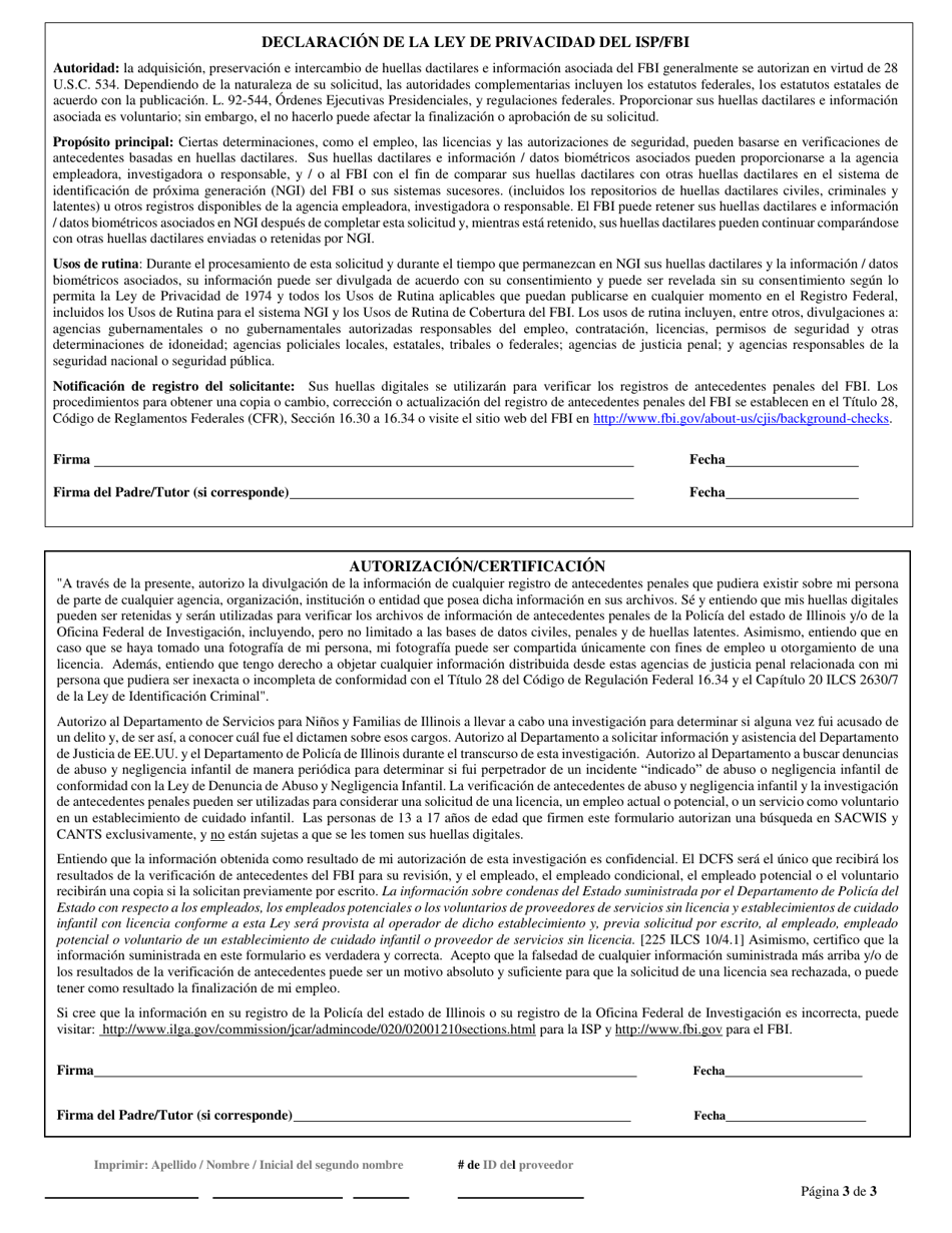 Formulario CFS718-D / S Autorizacion Para Verificacon De Antecedentes De Proveedores De Cuidado Infantil Sin Licencia / Exentos De Licencia - Illinois (Spanish), Page 3