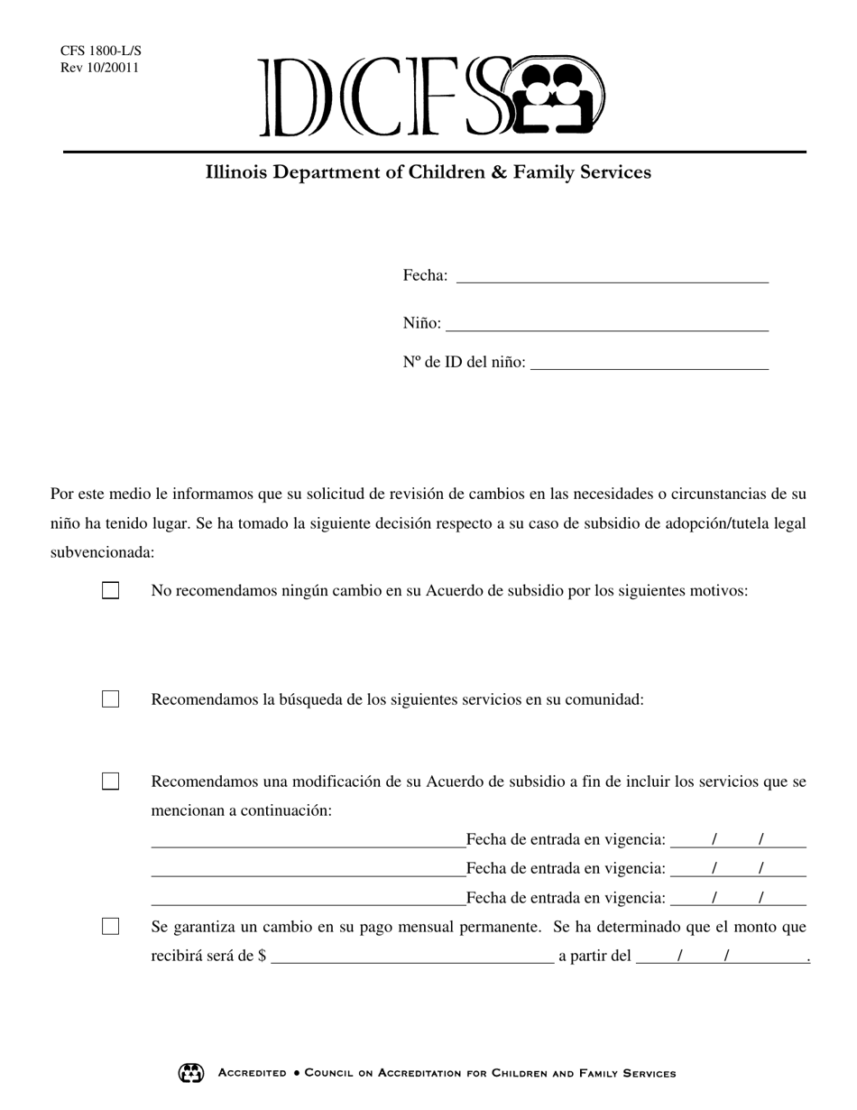 Formulario CFS1800-L/S Carta De Decisiones Sobre El Cambio Con Respecto a En Las Necesidades Del Nino Circunstancia - Illinois (Spanish), Page 1
