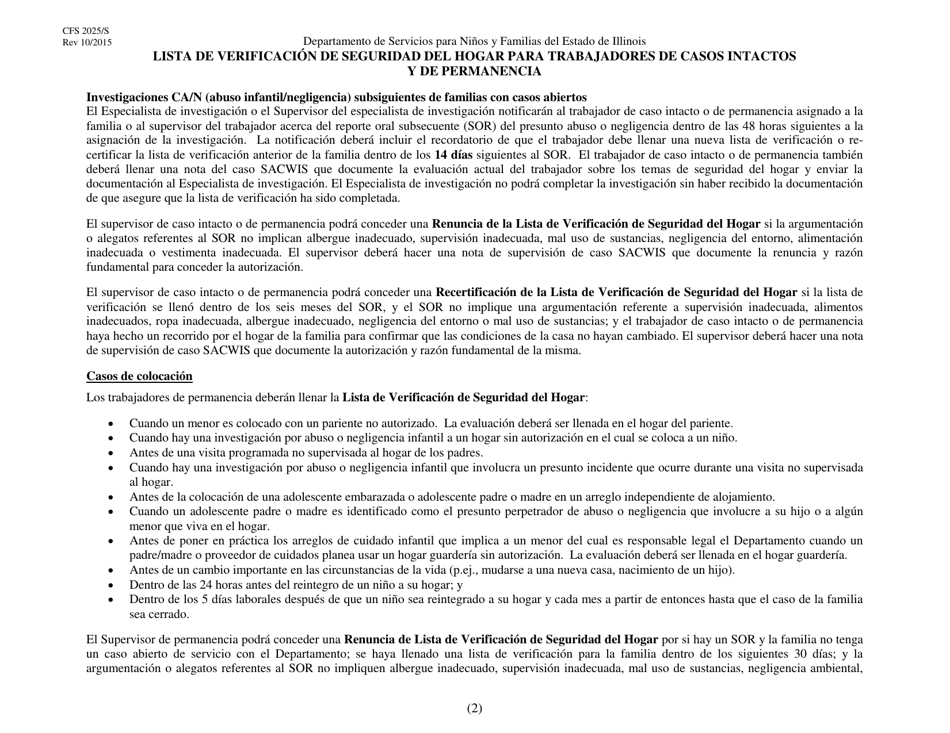 Formulario CFS2025 / S Lista De Verificacion De Seguridad Del Hogar Para Trabajadores De Casos Intactos Y De Permanencia - Illinois (Spanish), Page 2