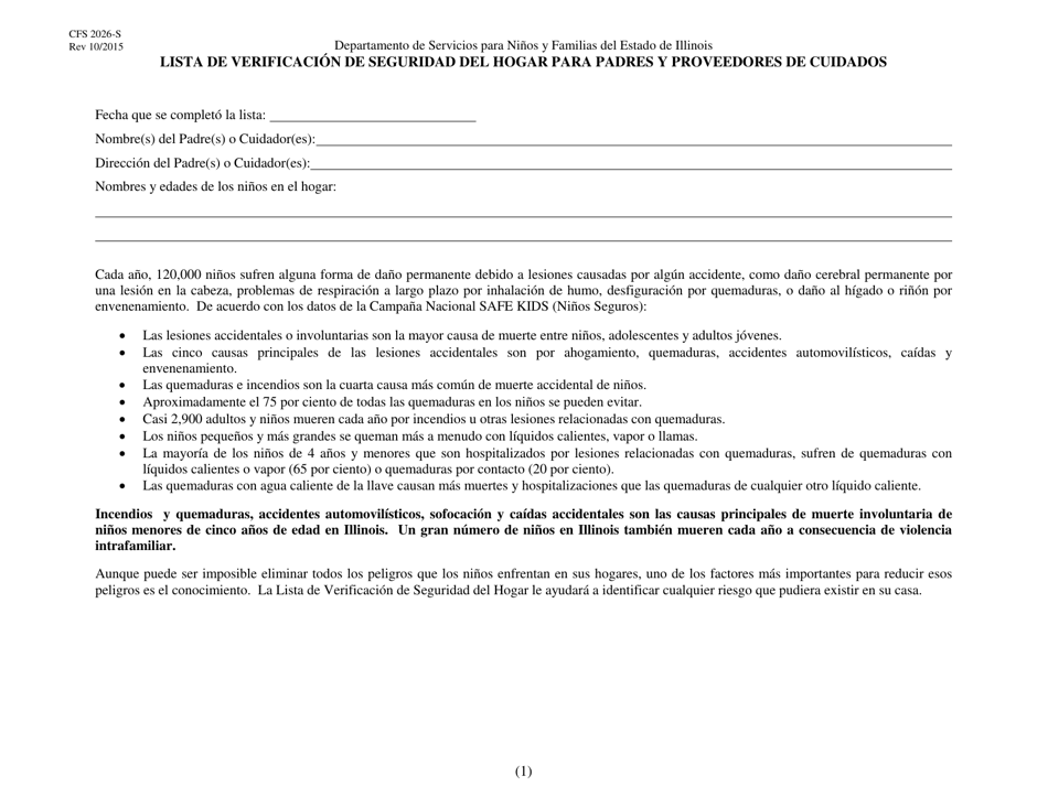 Formulario CFS2026-S Lista De Verificacion De Seguridad Del Hogar Para Padres Y Proveedores De Cuidados - Illinois (Spanish), Page 1