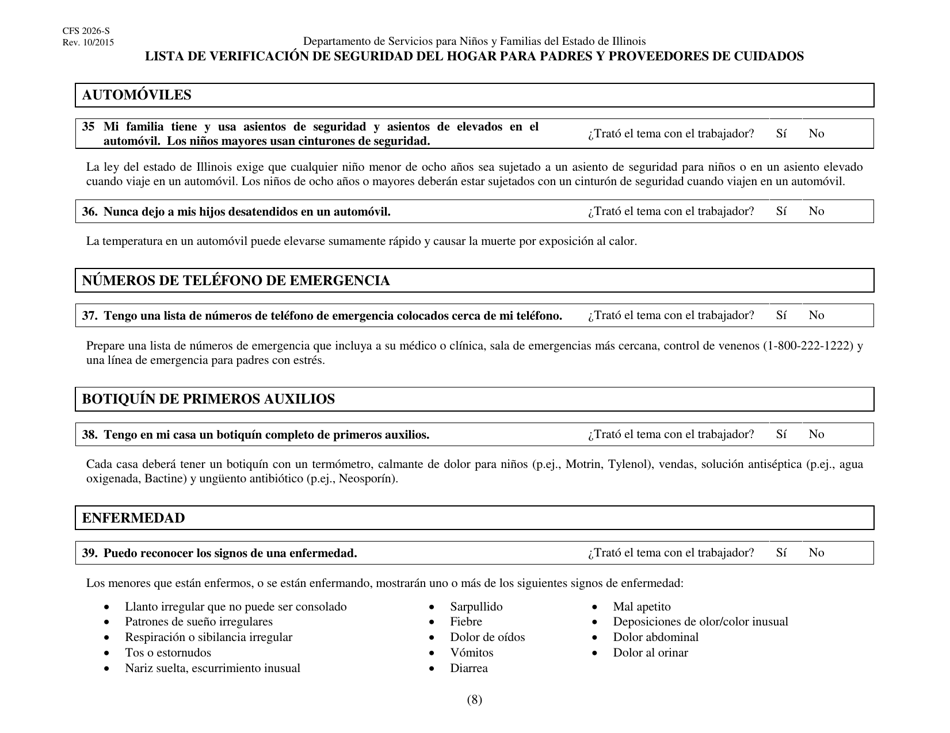 Formulario CFS2026-S Lista De Verificacion De Seguridad Del Hogar Para Padres Y Proveedores De Cuidados - Illinois (Spanish), Page 8