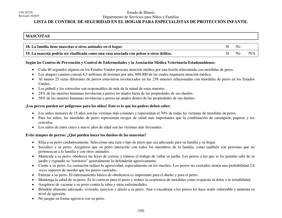 Formulario CFS2027 / S Lista De Control De Seguridad En El Hogar Para Especialistas De Proteccion Infantil - Illinois (Spanish), Page 10