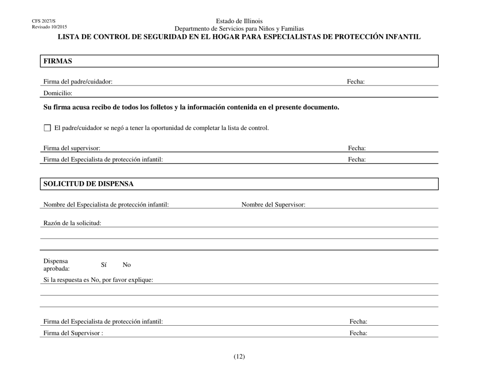 Formulario CFS2027 / S Lista De Control De Seguridad En El Hogar Para Especialistas De Proteccion Infantil - Illinois (Spanish), Page 12