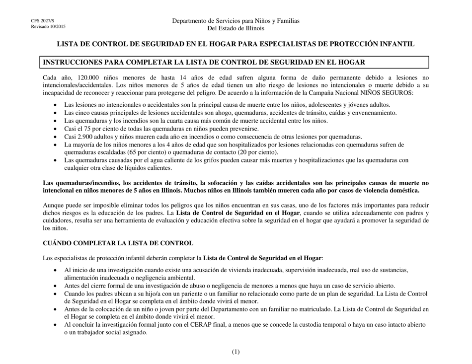 Formulario CFS2027 / S Lista De Control De Seguridad En El Hogar Para Especialistas De Proteccion Infantil - Illinois (Spanish), Page 1