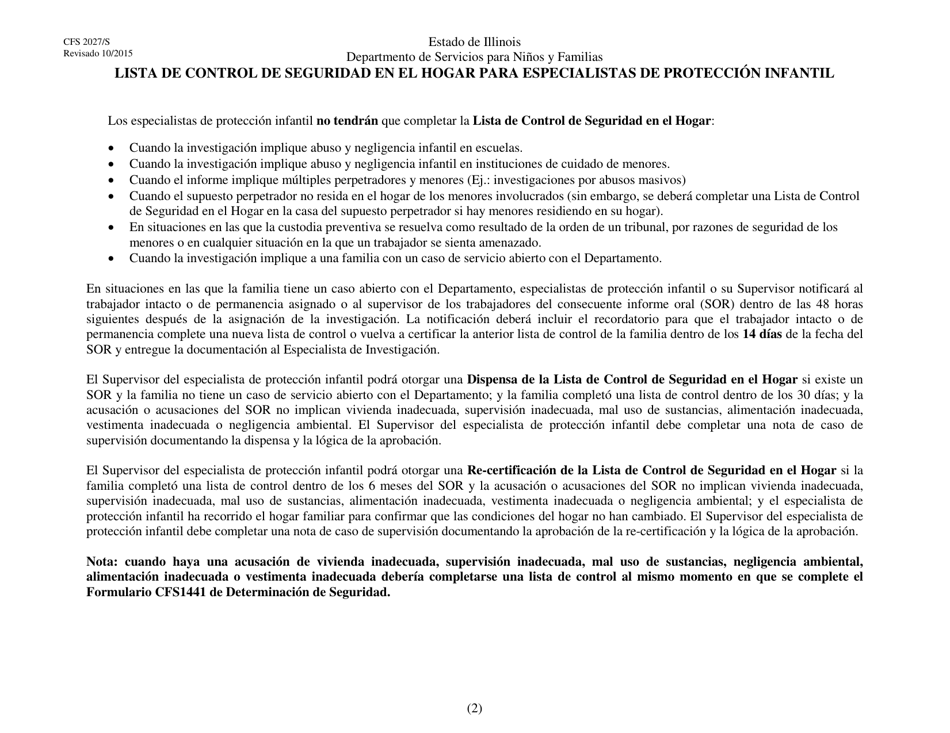 Formulario CFS2027 / S Lista De Control De Seguridad En El Hogar Para Especialistas De Proteccion Infantil - Illinois (Spanish), Page 2