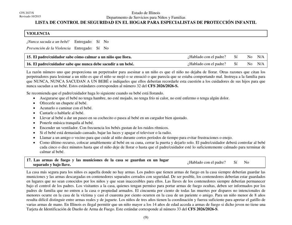 Formulario CFS2027 / S Lista De Control De Seguridad En El Hogar Para Especialistas De Proteccion Infantil - Illinois (Spanish), Page 9