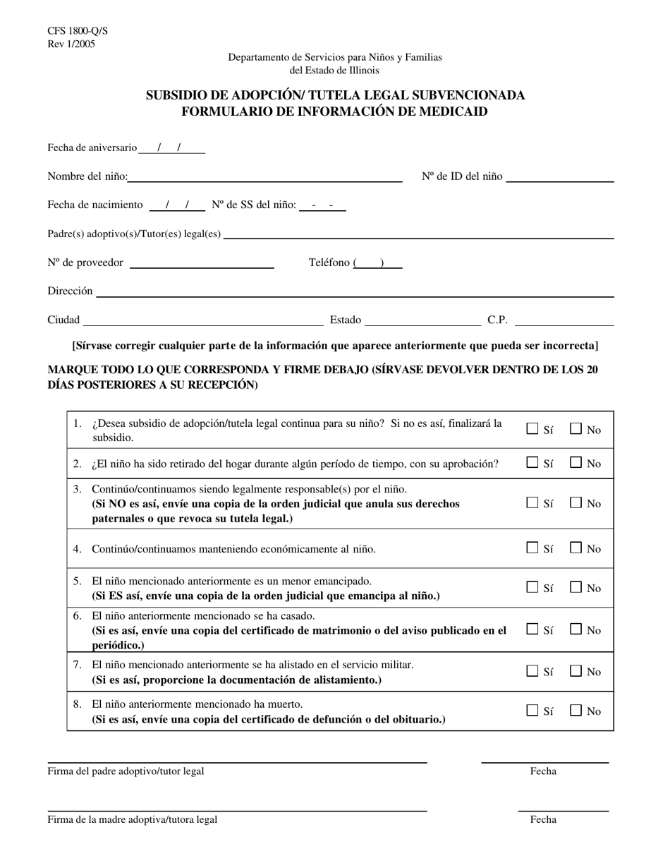 Formulario CFS1800-Q/S Subsidio De Adopcion/Tutela Legal Subvencionada Formulario De Informacion De Medicaid - Illinois (Spanish), Page 1