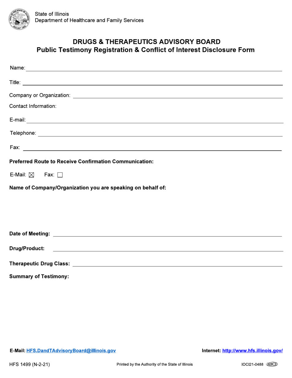 Form HFS1499 Public Testimony Registration  Conflict of Interest Disclosure Form - Illinois, Page 1