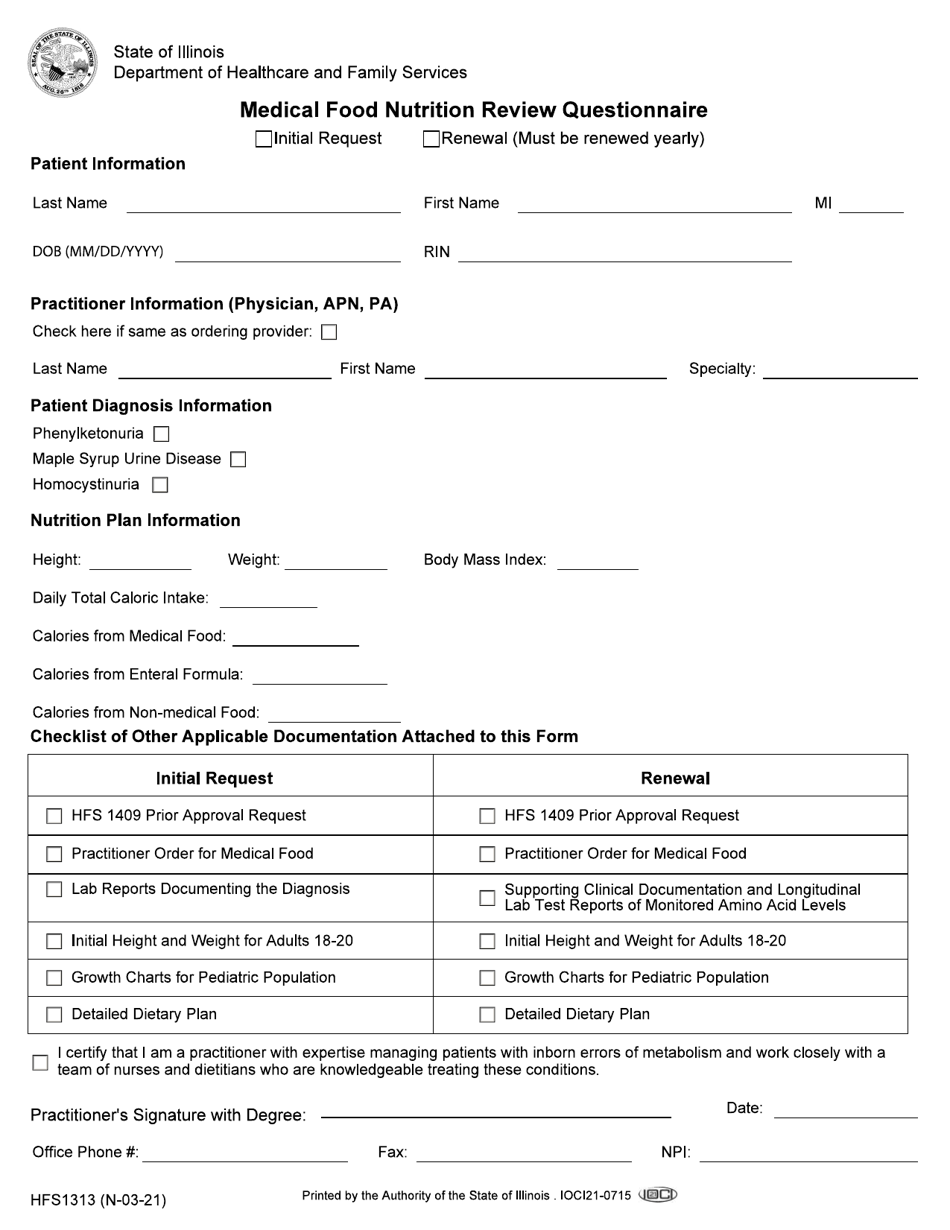 Form HFS1313 Medical Food Nutrition Review Questionnaire - Illinois, Page 1