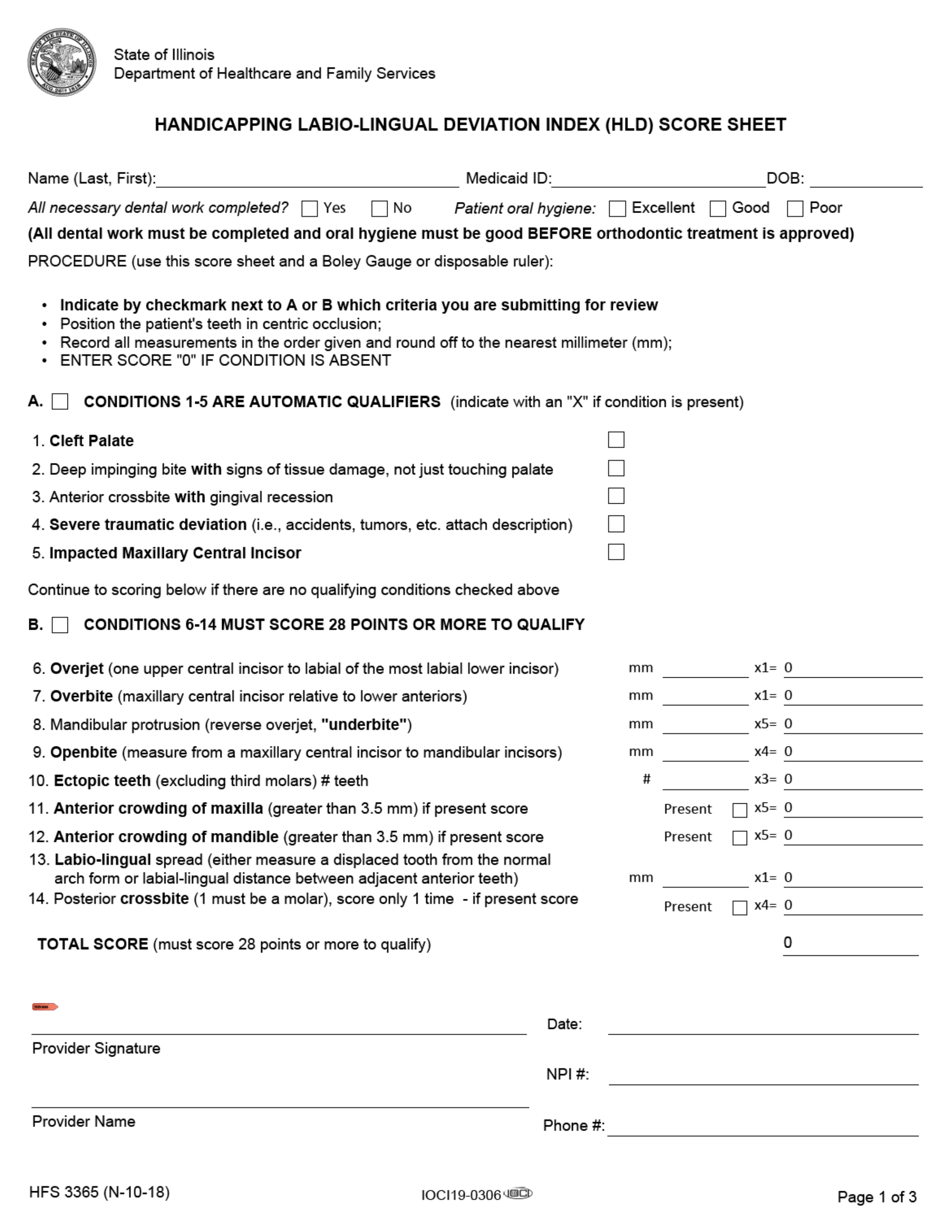 Form HFS3365 Handicapping Labio-Lingual Deviation Index (Hld) Score Sheet - Illinois, Page 1
