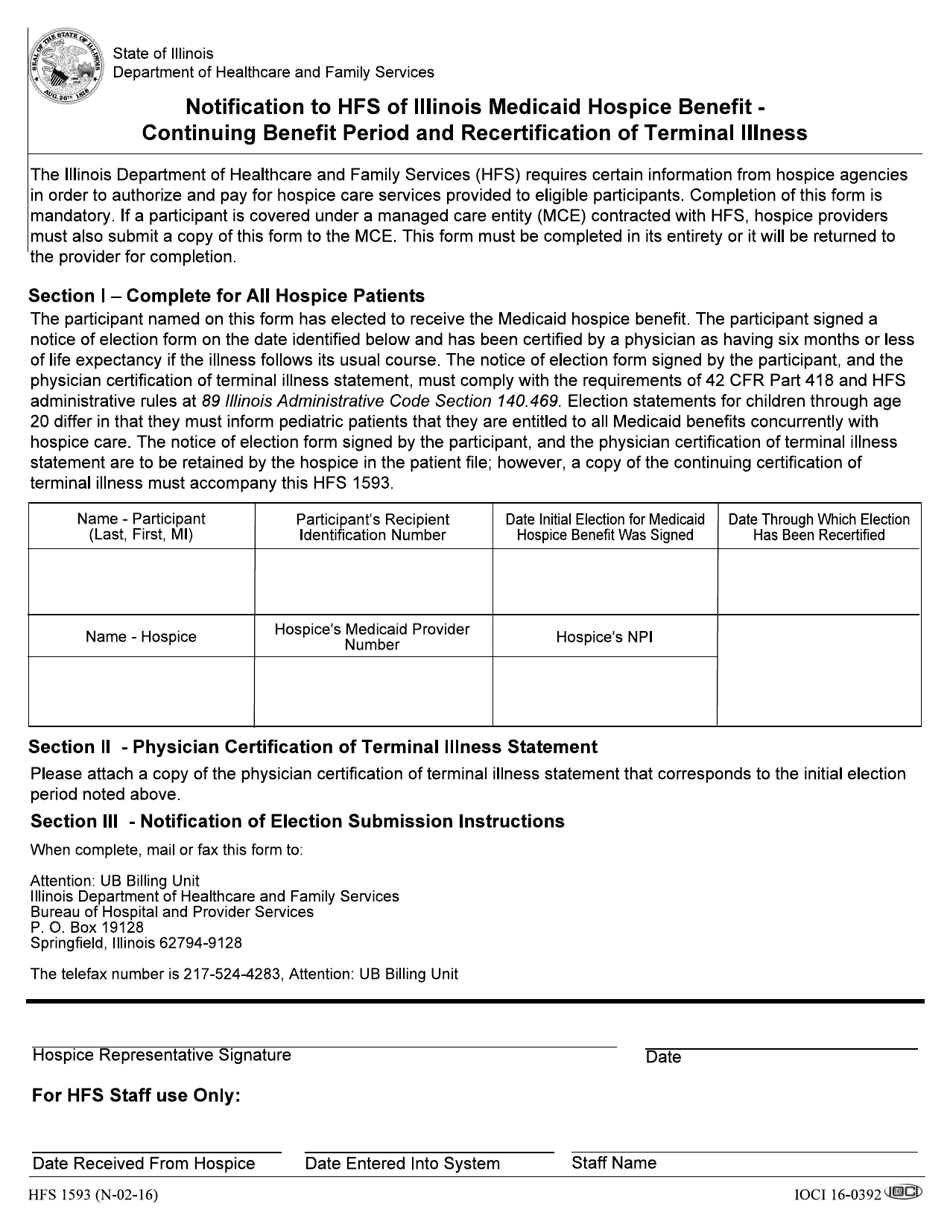 Form HFS1593 Notification to Hfs of Illinois Medicaid Hospice Benefit - Continuing Benefit Period and Recertification of Terminal Illness - Illinois, Page 1
