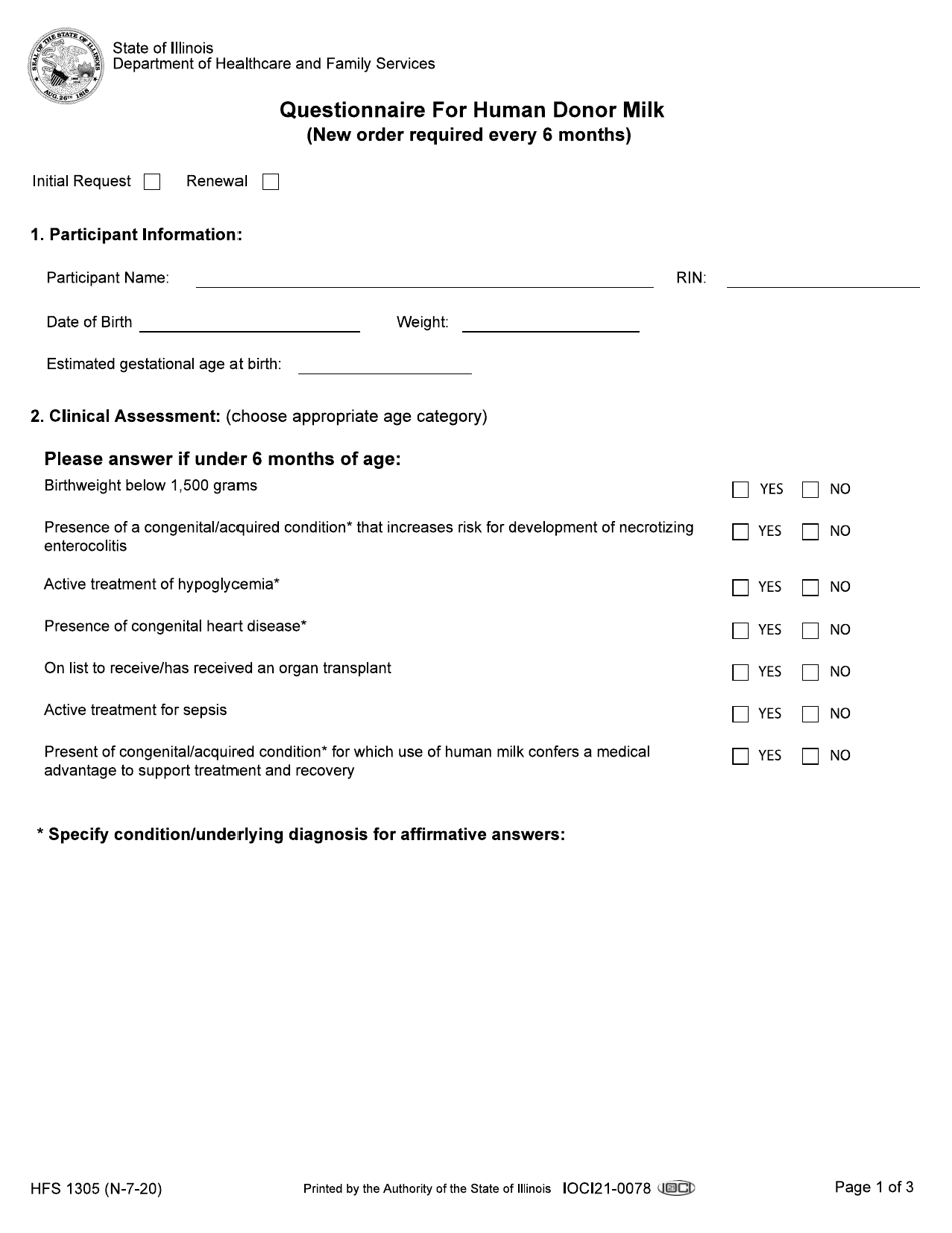 Form HFS1305 Questionnaire for Human Donor Milk (New Order Required Every 6 Months) - Illinois, Page 1