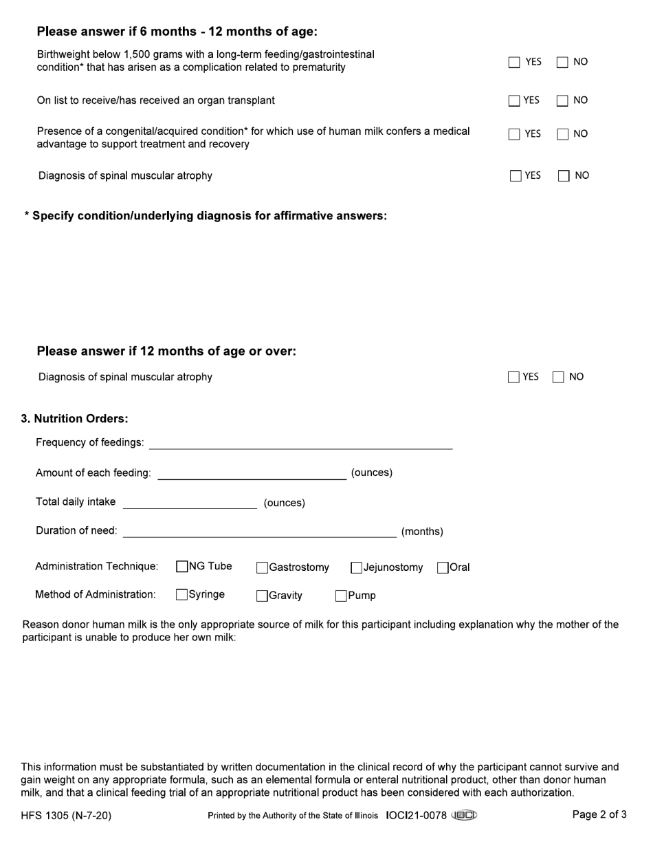 Form HFS1305 Questionnaire for Human Donor Milk (New Order Required Every 6 Months) - Illinois, Page 2
