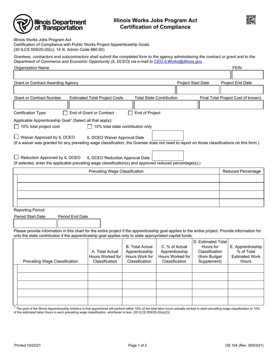 Form OS-104 Certification of Compliance - Illinois Works Jobs Program Act - Illinois, Page 1