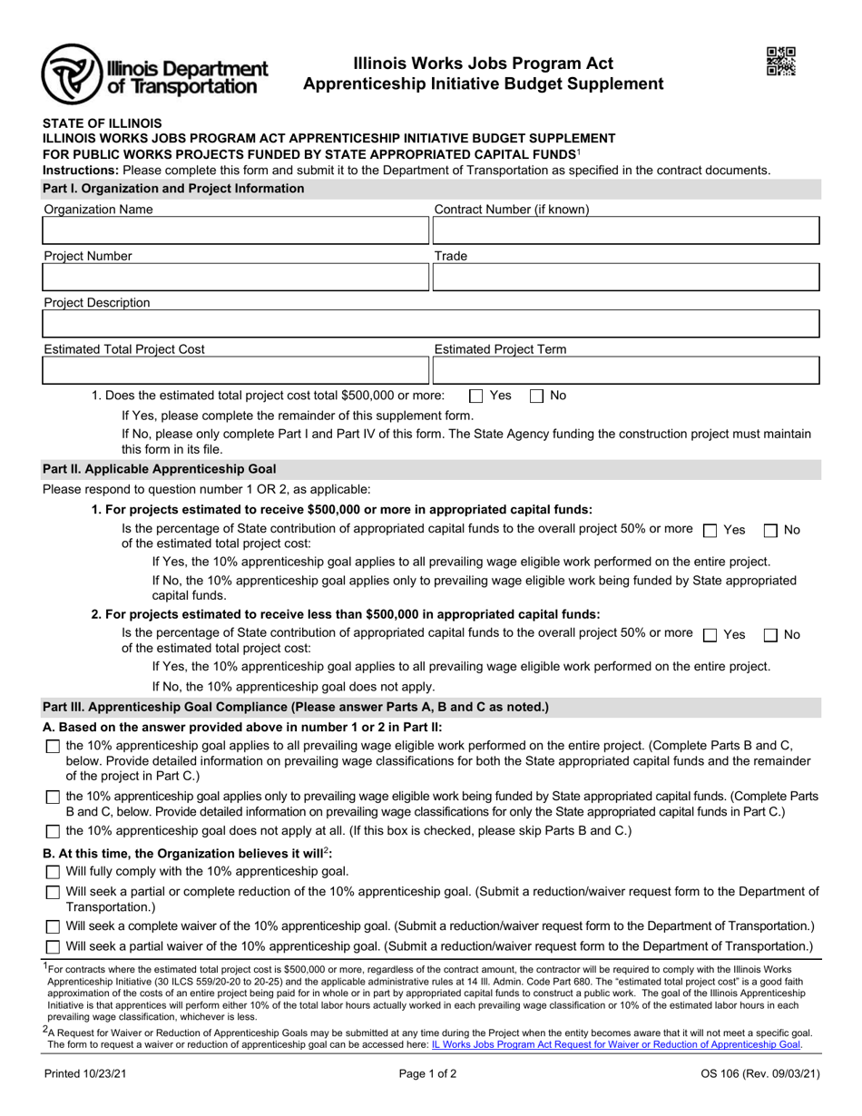 Form OS-106 Apprenticeship Initiative Budget Supplement - Illinois Works Jobs Program Act - Illinois, Page 1
