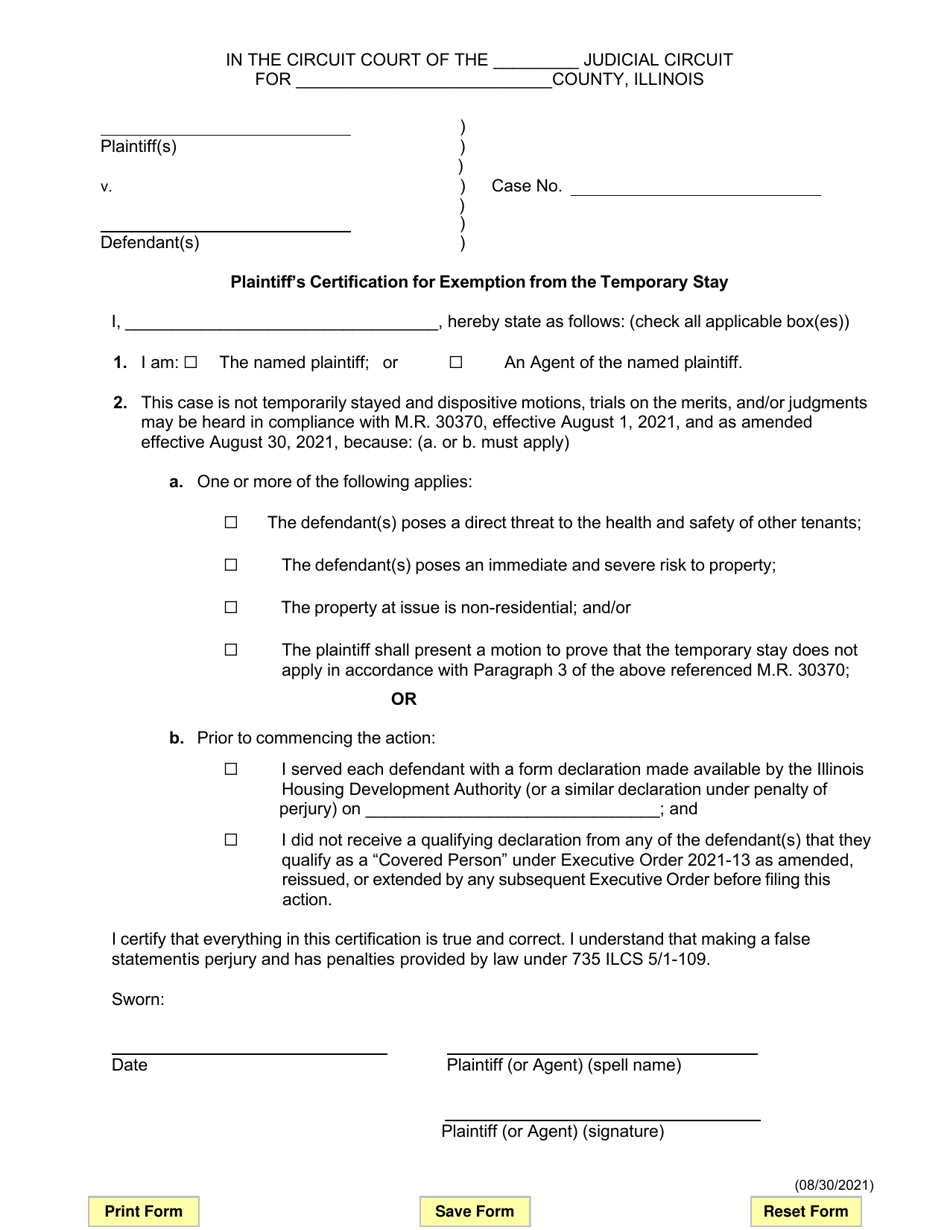 Plaintiffs Certification for Exemption From the Temporary Stay - Illinois, Page 1