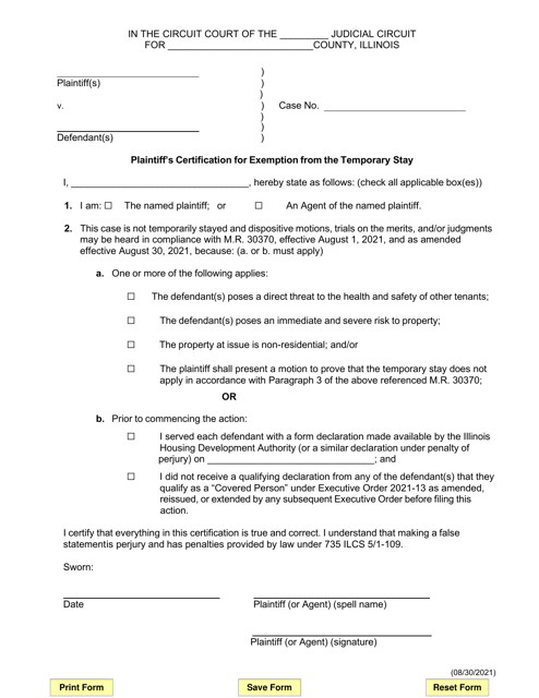 Plaintiff's Certification for Exemption From the Temporary Stay - Illinois Download Pdf