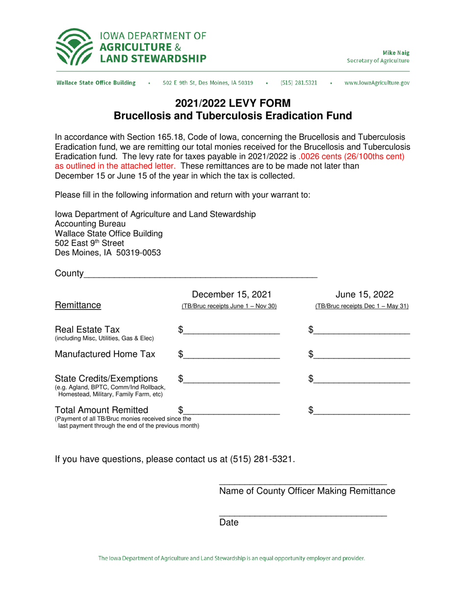 Levy Form - Brucellosis and Tuberculosis Eradication Fund - Iowa, Page 1