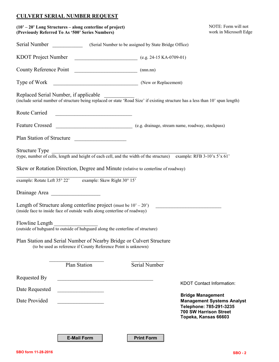SBO Form 2 Culvert Serial Number Request - Kansas, Page 1