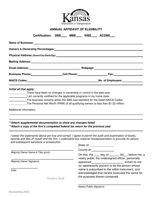 Annual Affidavit of Eligibility - Kansas