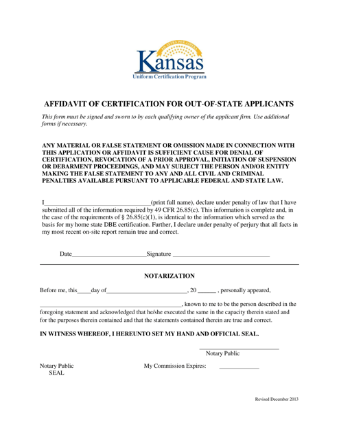 Affidavit of Certification for Out-of-State Applicants - Kansas