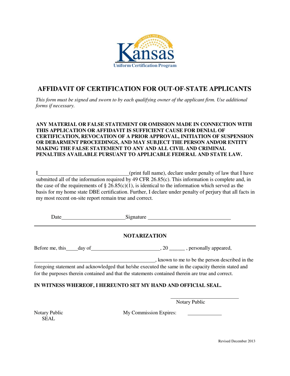 Affidavit of Certification for Out-of-State Applicants - Kansas, Page 1