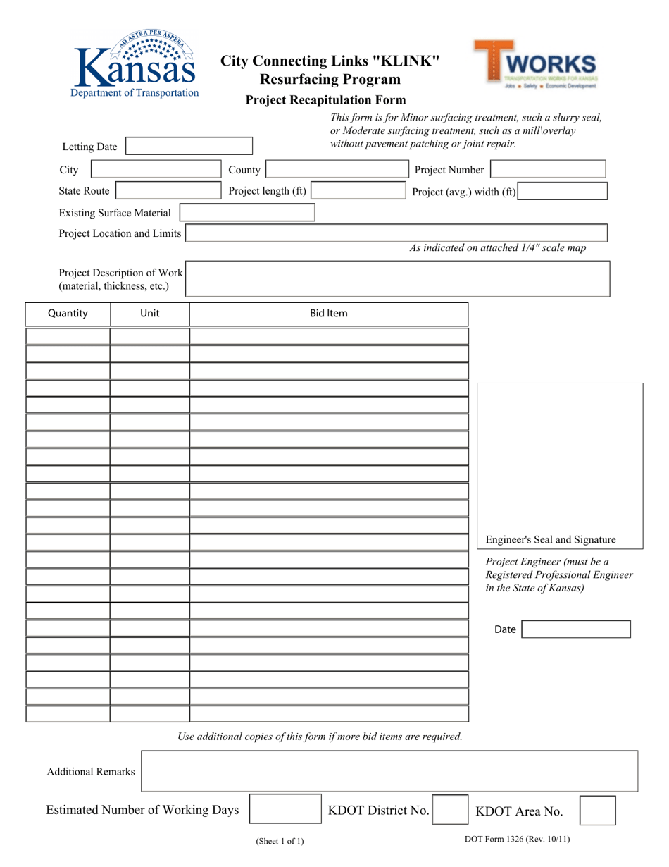 DOT Form 1326 Project Recapitulation Form - City Connecting Links klink Resurfacing Program - Kansas, Page 1