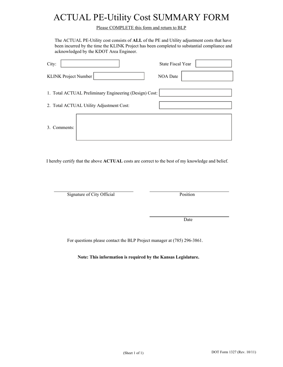 DOT Form 1327 Actual Pe-Utility Cost Summary Form - Kansas, Page 1