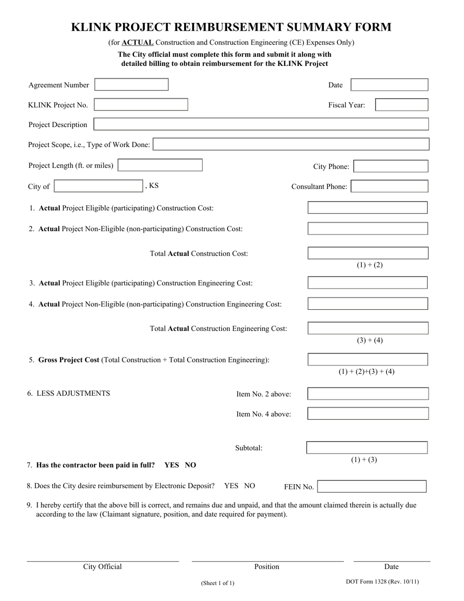 DOT Form 1328 Klink Project Reimbursement Summary Form - Kansas, Page 1