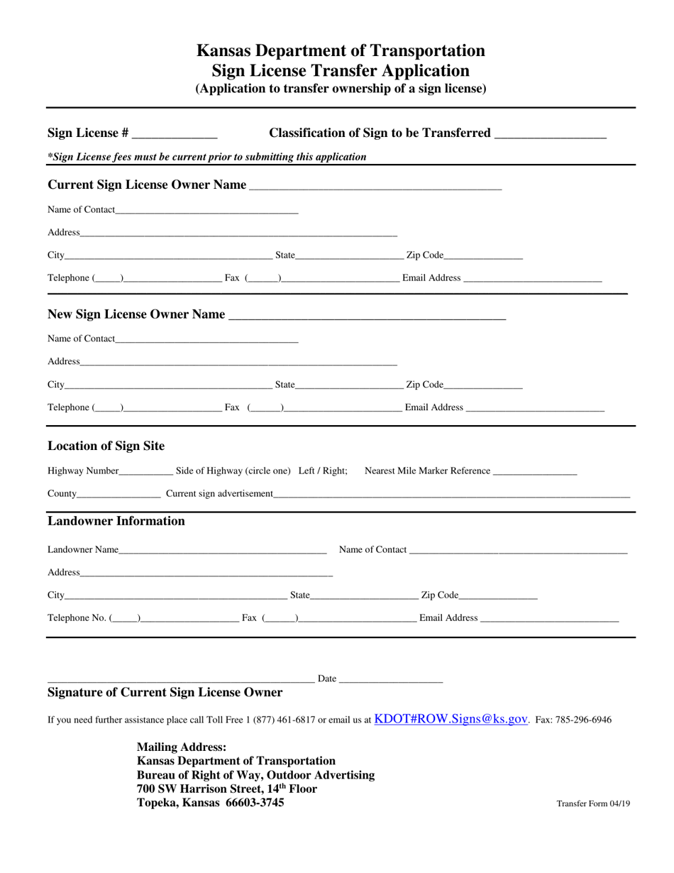 Sign License Transfer Application - Kansas, Page 1