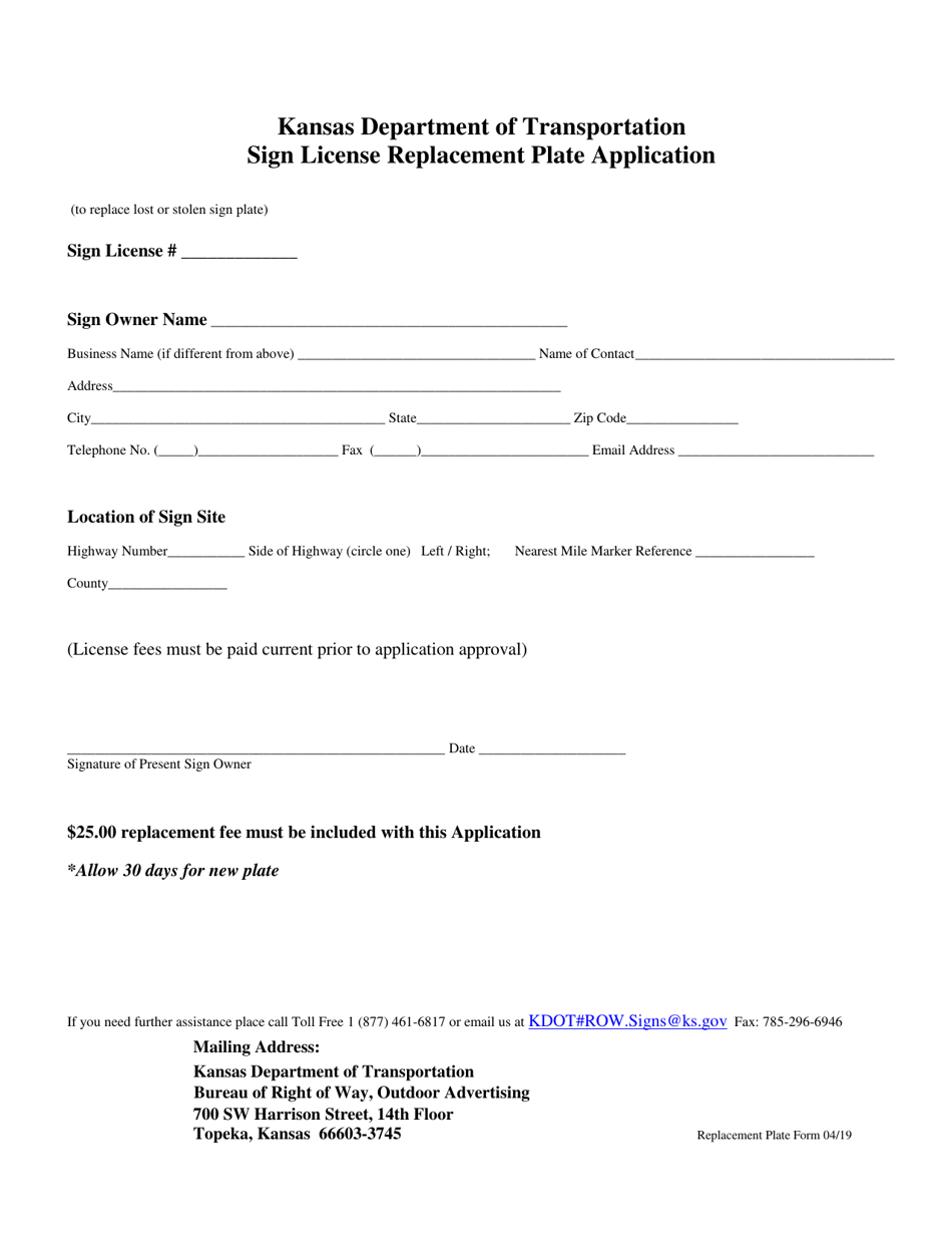 Sign License Replacement Plate Application - Kansas, Page 1