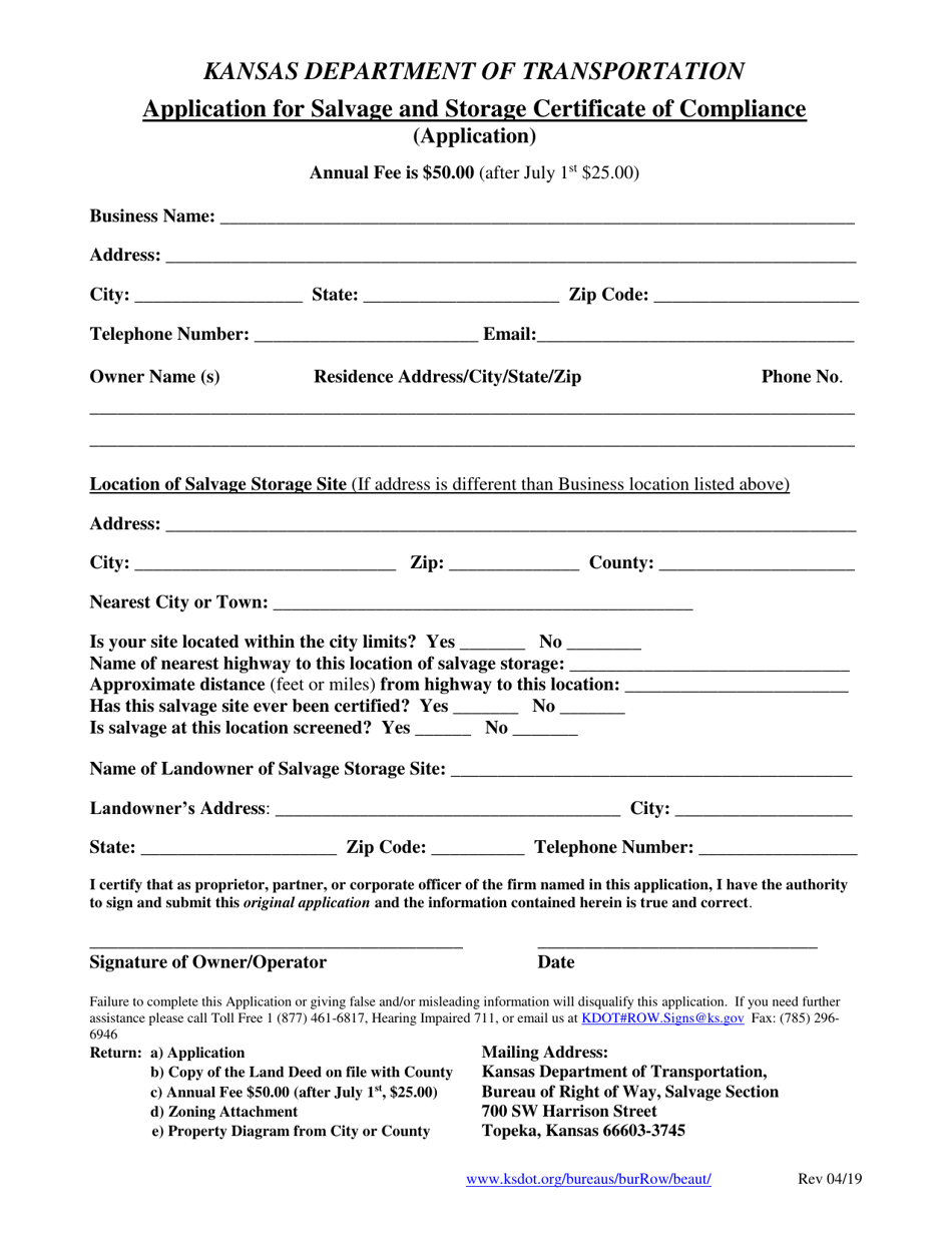 Application for Salvage and Storage Certificate of Compliance - Kansas, Page 1
