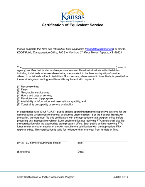 Certification of Equivalent Service - Kansas