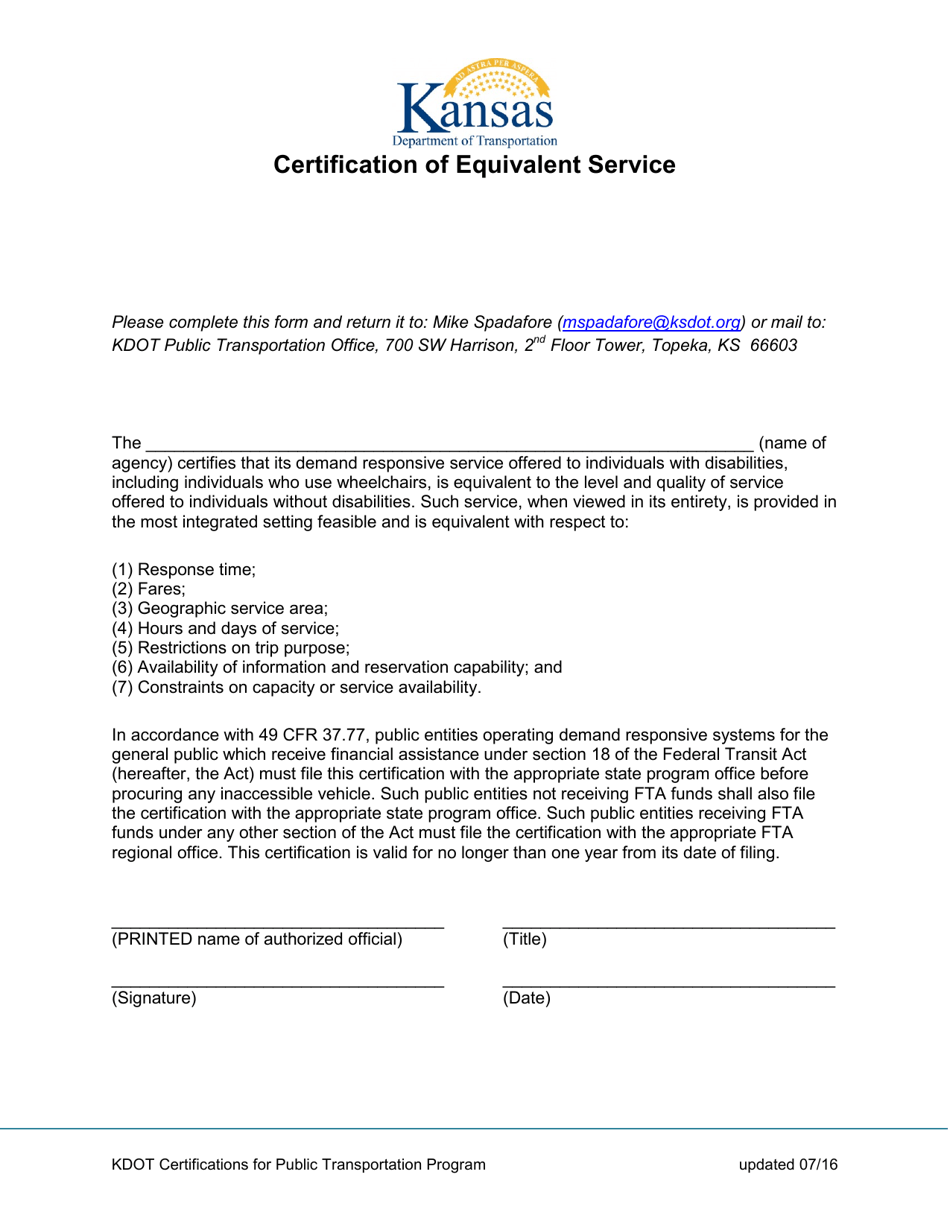 Certification of Equivalent Service - Kansas, Page 1