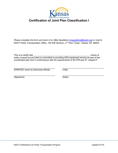 Certification of Joint Plan Classification I - Kansas