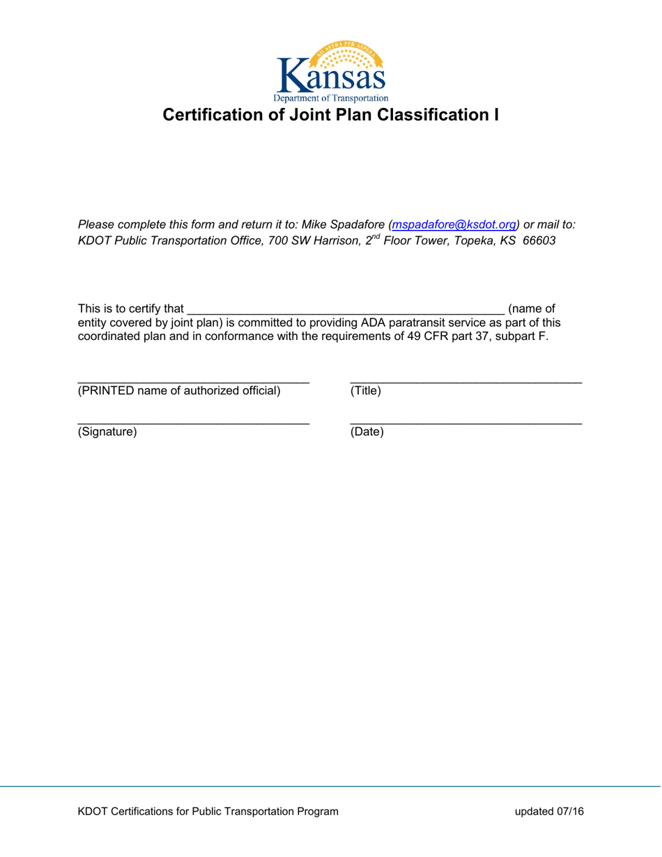 Kansas Classification Kc Kansas Certification of Joint Plan Classification I - Fill Out, Sign ...