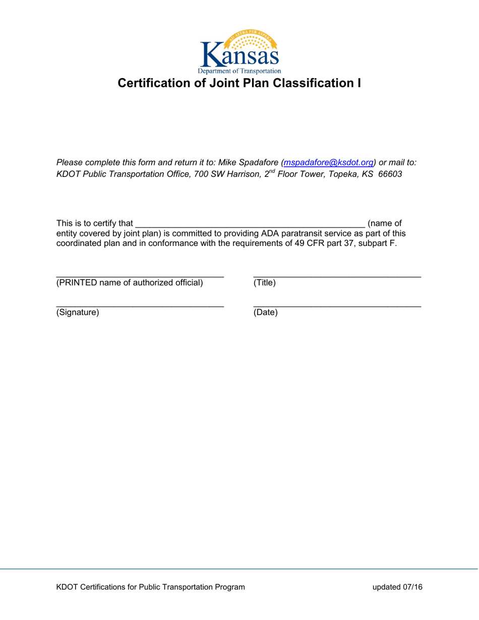 Certification of Joint Plan Classification I - Kansas, Page 1