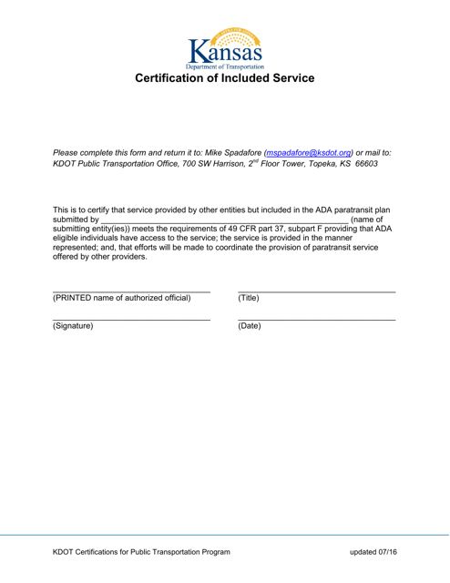 Certification of Included Service - Kansas Download Pdf