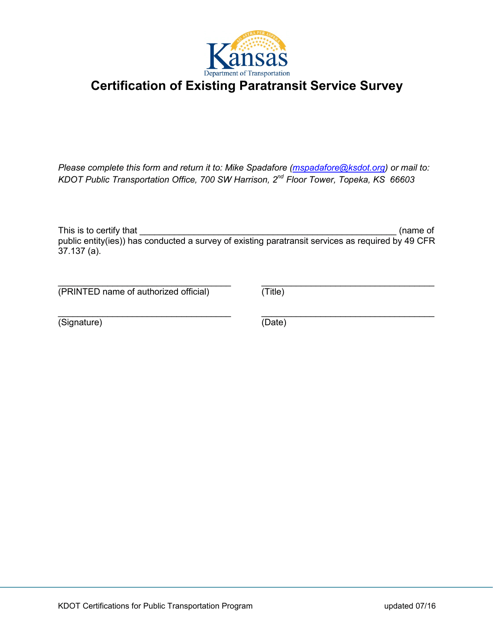 Certification of Existing Paratransit Service Survey - Kansas Download Pdf