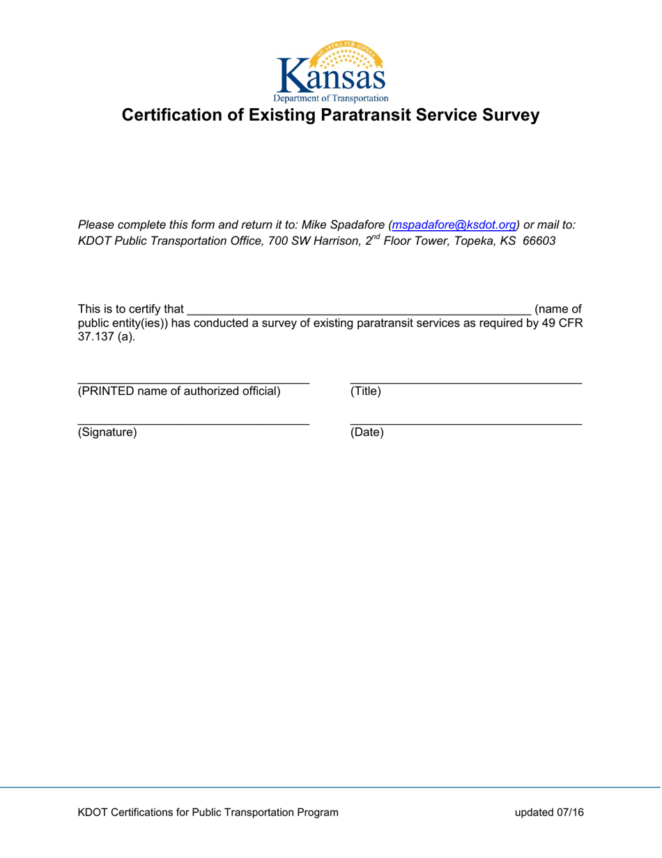 Certification of Existing Paratransit Service Survey - Kansas, Page 1